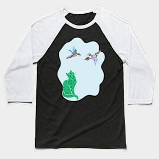 Camouflage Green Cat Watching Birds Silhouette Art Baseball T-Shirt